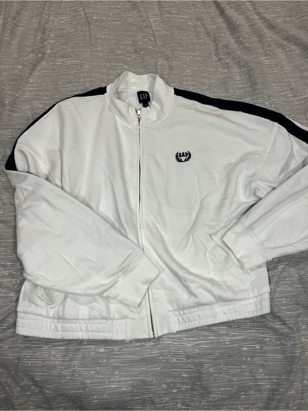 GAP White Bomber Jacket with Black Shoulder Stripe